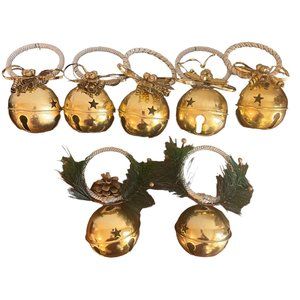 Lot of 7 Christmas Round Jingle Bells Gold with Accents Loop Handle 2.75" Dia.